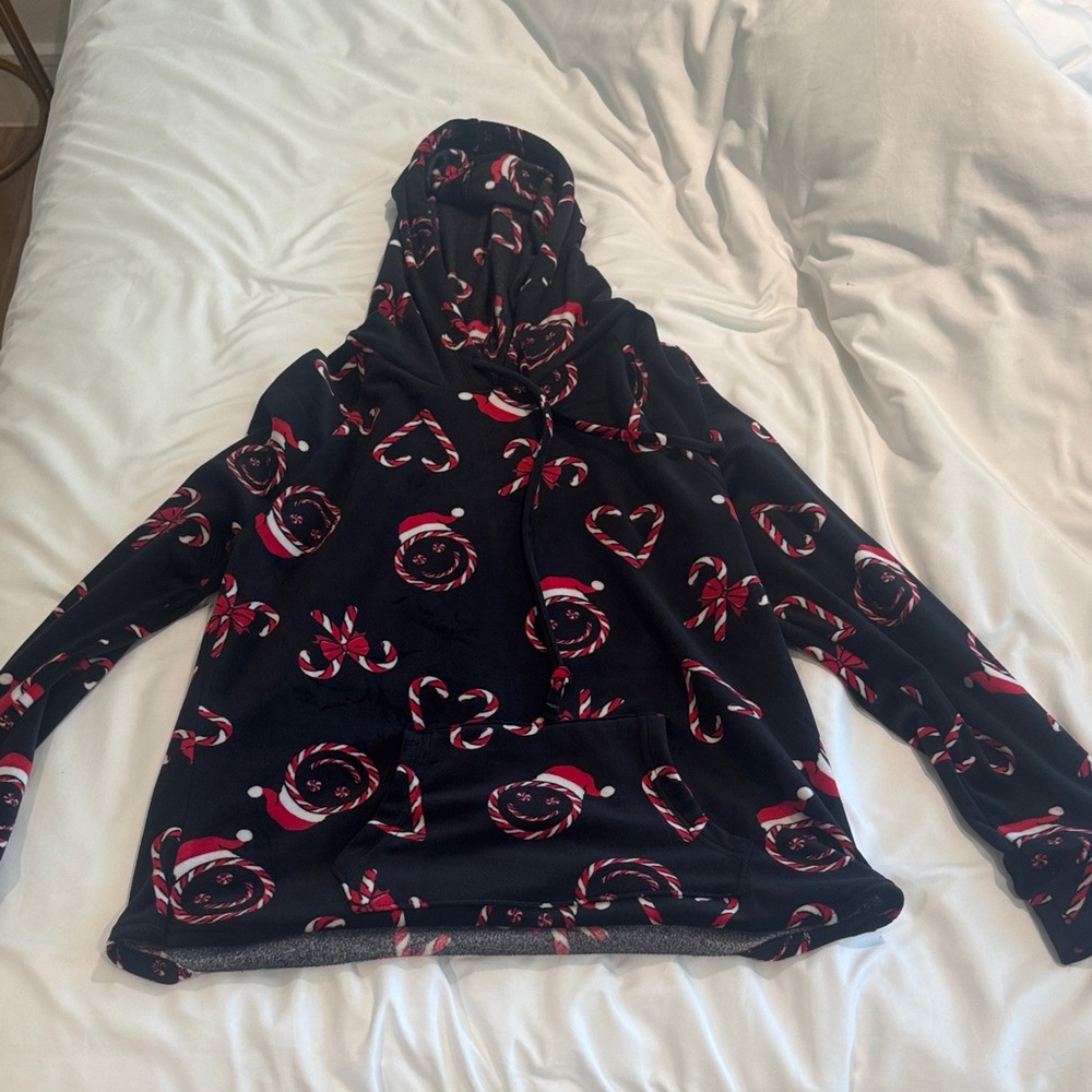 Festive Black Hoodie with Santa and Candy Cane Print